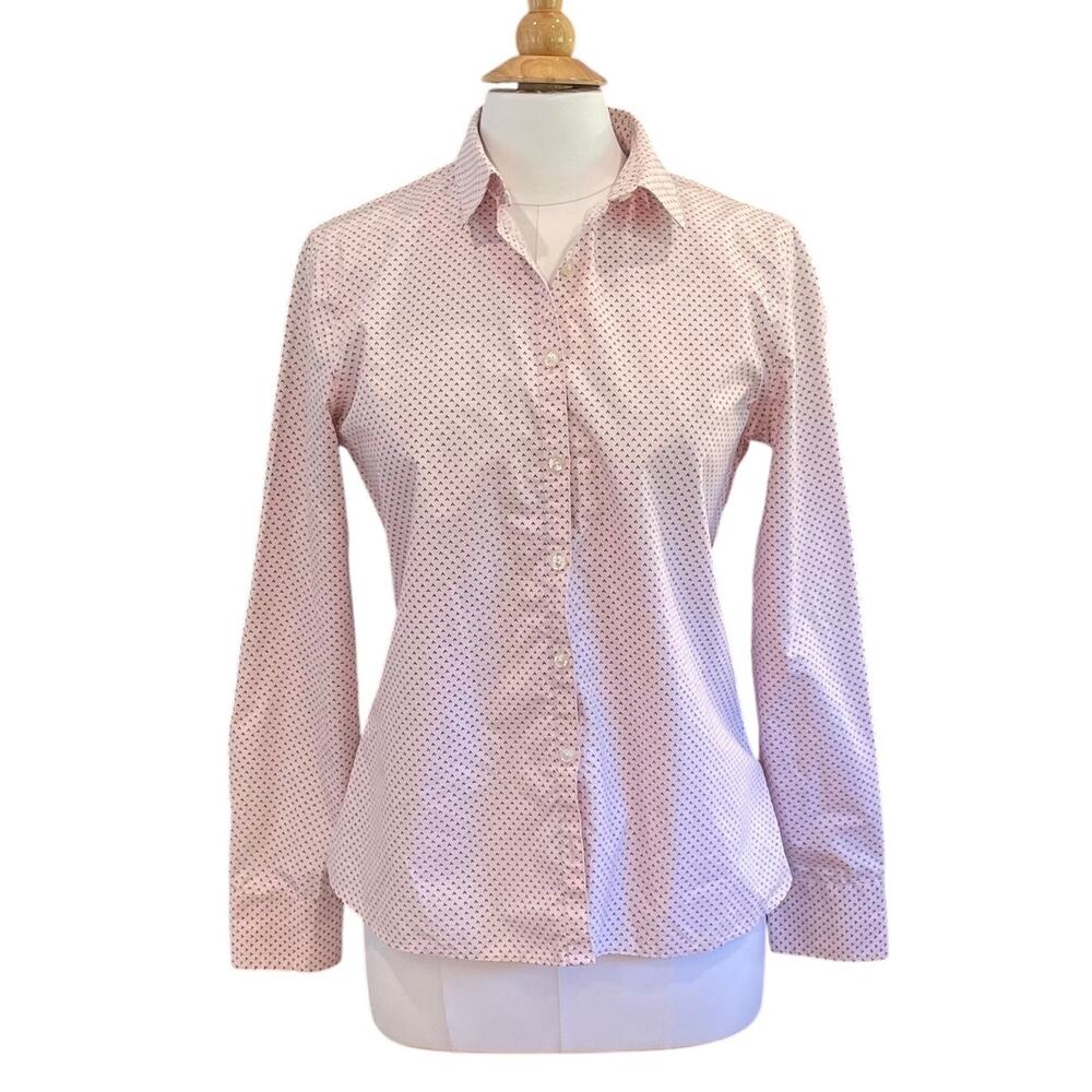 Lands' End Non-Iron Supima Cotton Pink Allover Print Button Down Shirt, Size 10